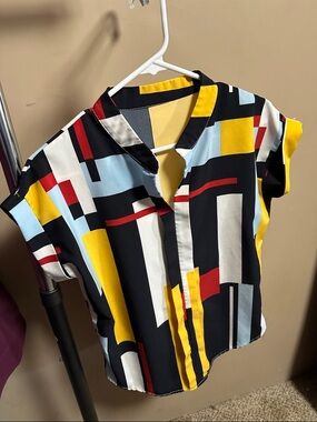 Geometric Print Short Sleeve Blouse - Yellow/Black